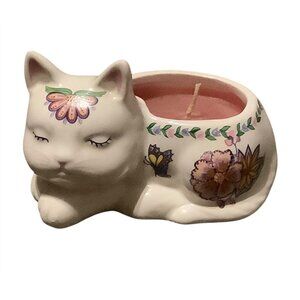Floral Kitty Cat Ceramic Candle Holder With Pink Candle NEW Butterfly 4"x2.5"